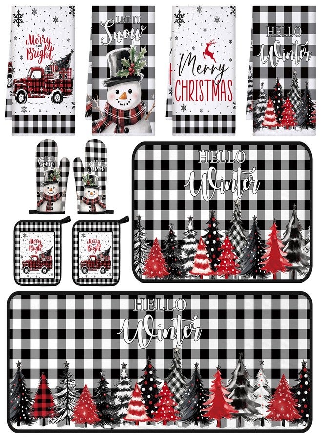 Fourluoo 10 Pcs Christmas Kitchen Decor Sets, 4 White and Black Plaid Kitchen Dish Towels 2 Farmhouse Pot Holders 2 Buffalo Check Oven Mitts Glove Rustic Non Slip Rugs and Mats for Home Decorations Mom Gifts - Image 1